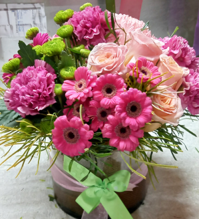 Sweet Dreams - A beautiful hatbox arrangement, created using the fresh blooms of the day in all pink with complementary foliage. Created by an expert florist at Flower Storm in Laura.